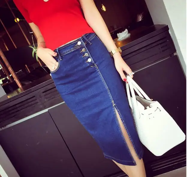 

New Long Section Denim Skirt Single Row Buckle Cowboy High Waist Big Swing A Word Skirt