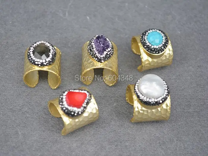5pcs HOT Natural Labradorite Pearl Red Coral Purple Quartz Blue Stone Crystal Paved Rings Gold color Men and Women Jewelry | Украшения и