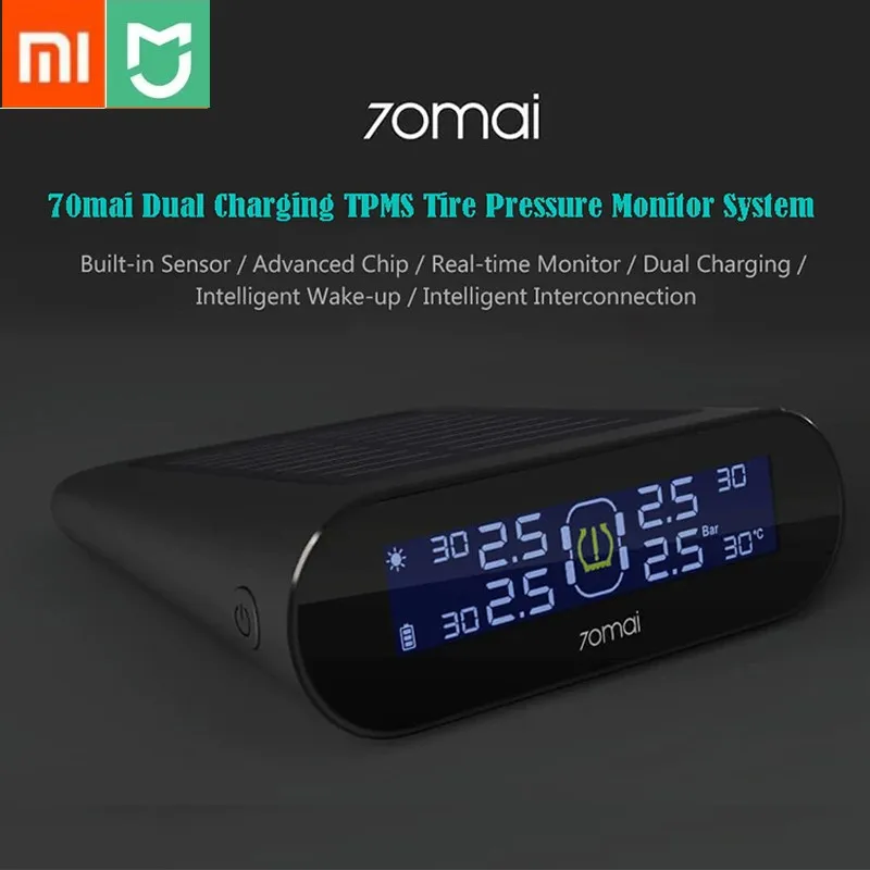 

Xiaomi 70mai TPMS Tire Pressure Tester Monitor Solar Power Dual USB Charging 4 Built-in Sensors System Alarm with Car Gauge Sens