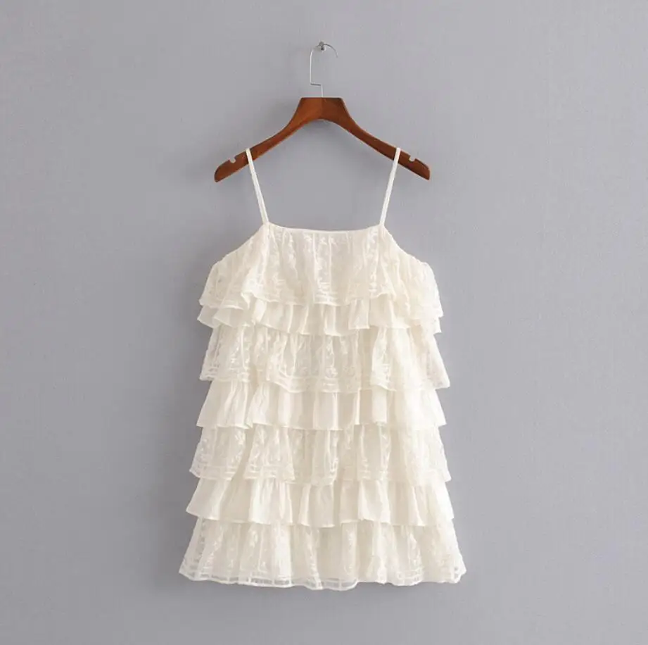 

Women Cascading Ruffle Embroidery Mini Dress Leisure Female Sleeveless Tiered Dresses Summer Style Ladies