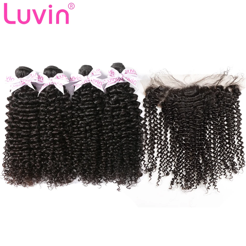 

Luvin Afro Kinky Curly Unprocessed Virgin Hair Bundles 4 Bundles With Frontal Closure Brazilian Hair Weave Human Hair Extensions