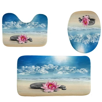 

4Pcs Home Bathroom Decor Set Bathroom Beach Flower Pattern Toilet Seat Cover Bath Mat Set+Waterproof Shower Curtain