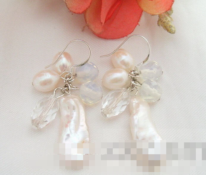 

free shipping 00226 White Pearl&Biwa Pearl& Earring