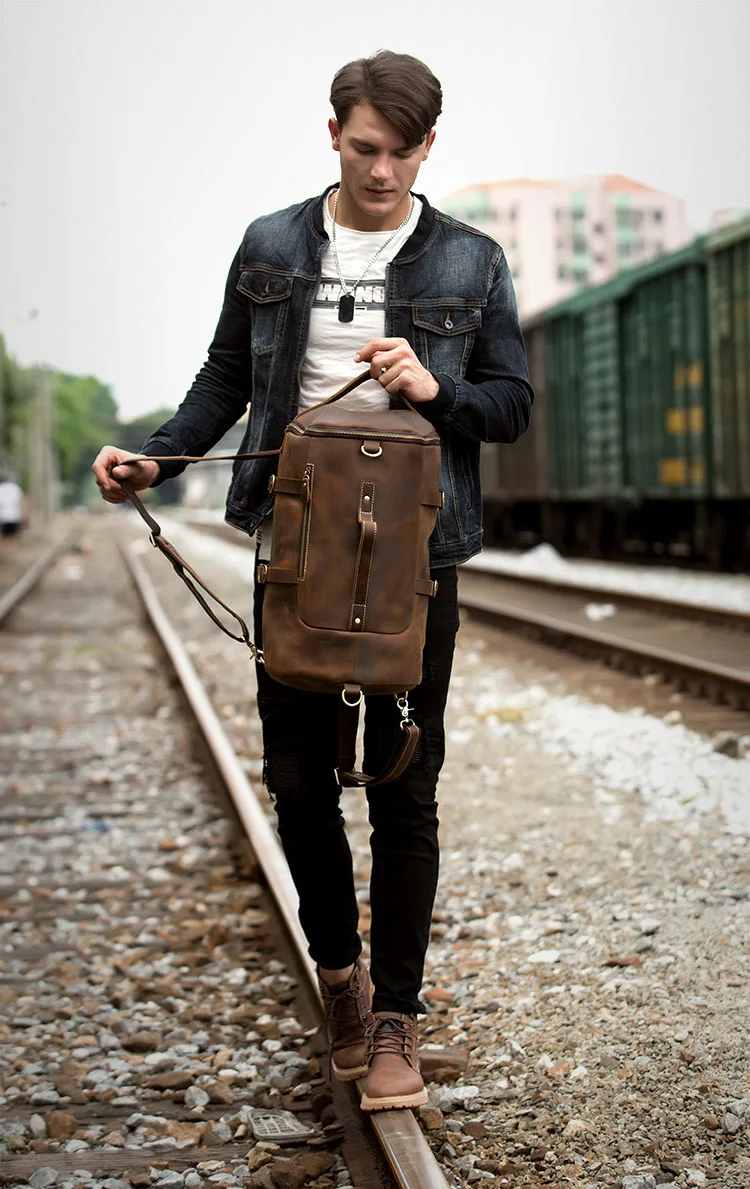 Outdoor Model Show of Woosir Genuine Leather Vintage Mens Backpack