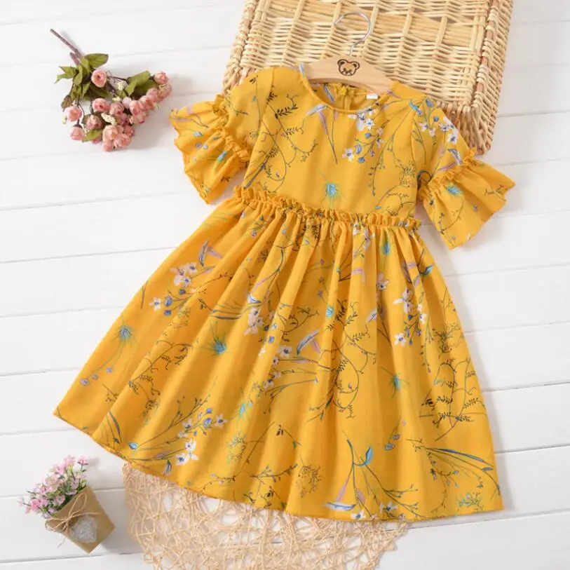 

Girls Dresses 2019 Summer New Children's Clothing Girls Fashion Waist Floral Chiffon Dress Flower Round Neck Clothes