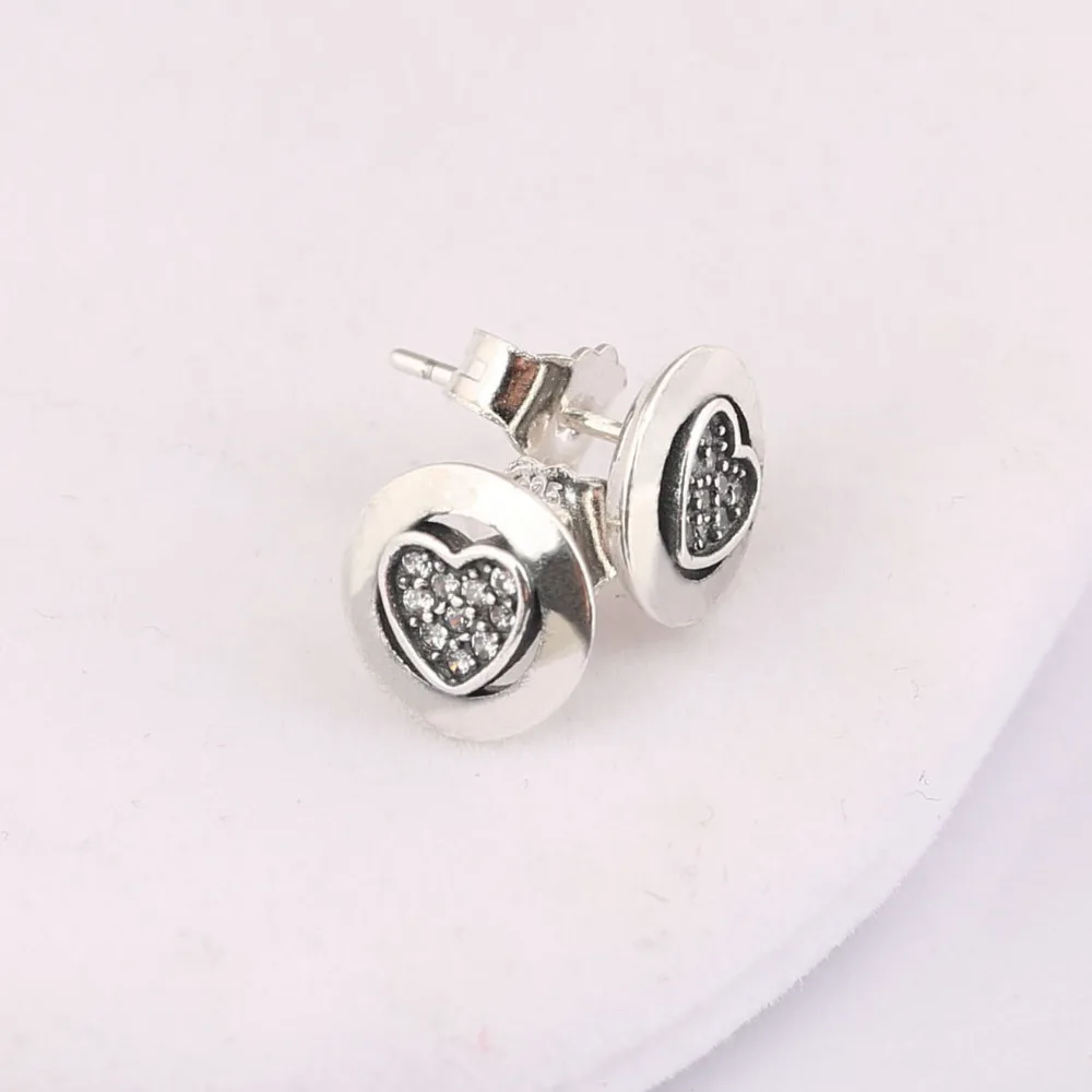 

Authentic 925 Sterling Silver Sparkling Signature Heart Europe Original Stud Earrings Clear CZ For Women Charm Gift DIY Jewelry