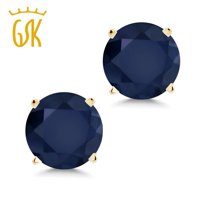 

14K Yellow Gold Blue Sapphire Women's Stud Earrings Gemstone Birthstone 2.00 Ctw Round 6MM