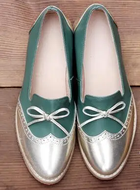 Модные тонкие туфли из натуральной кожи нубук в британском стиле; Туфли с круглым носком и бантом; женские броги ручной работы; оксфорды - Цвет: golden shoes