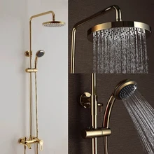 Luxury Gold and Rose Gold Brass Rain Shower Faucet Set Single Ceramic Handles Tub Mixer Hand Shower Bathtub Column Wall Mounted kemaidi new fashion luxury gold brass bathtub bathroom shower faucet set ceramic handle tub mixer waterfall hand shower