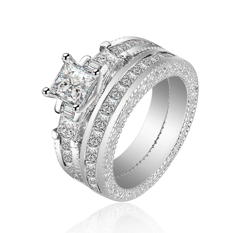 Anti Allergy 2pcs Square CZ Diamond Paved Engagement Rings Sets White Gold Plated Crystal Wedding Jewelry For Women Anel LSR010