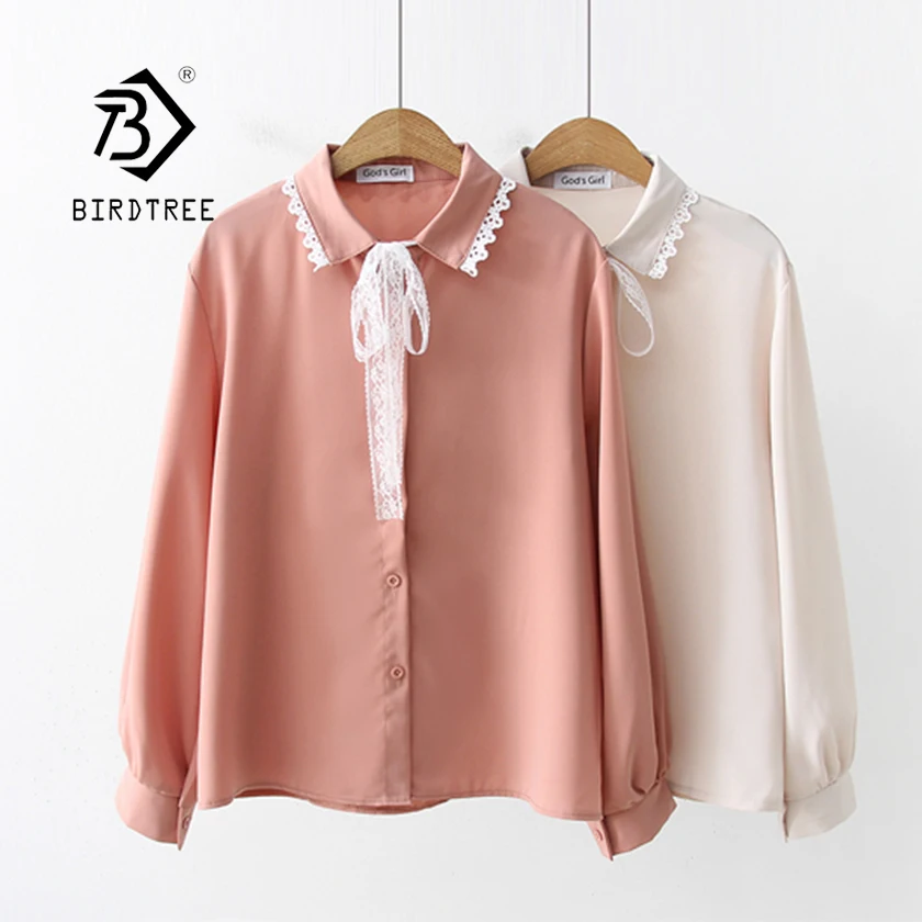 

2019 NEW Solid Lace Mesh Patchwork Chiffon Blouse Turn Down Collar Long Sleeve Lace Up Bow Tie Shirt Girls Sweet Top Hot T93702F