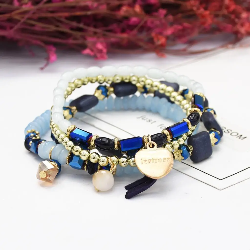 4Pcs Women Bohemian Multilayer Bangle Crystal Acrylic Beads Charm Bracelet