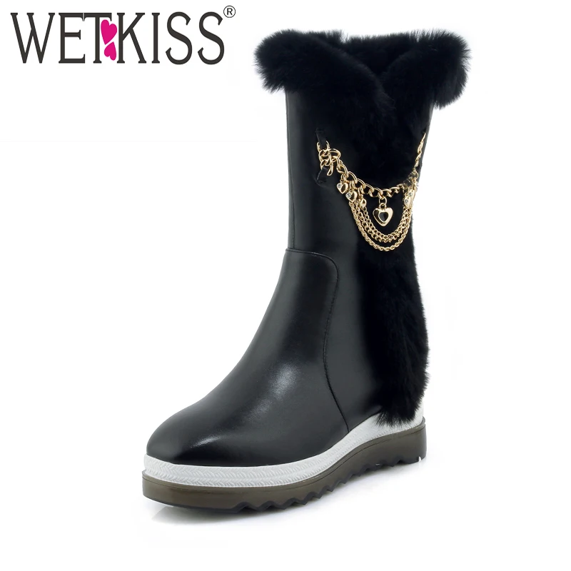 

WETKISS Fur Charming Short Boots Chain Designers Winter Boots Wedges Height Increasing Ladies Shoes Woman Rubber Sole Footwear