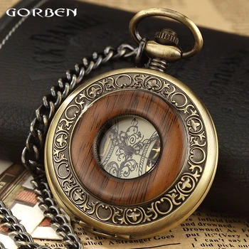 

Wooden Circle Vintage Steampunk Mechanical Pocket Watch With Chain Hand Wind Skeleton Bronze Necklace Clock Women Men Xmas Gift
