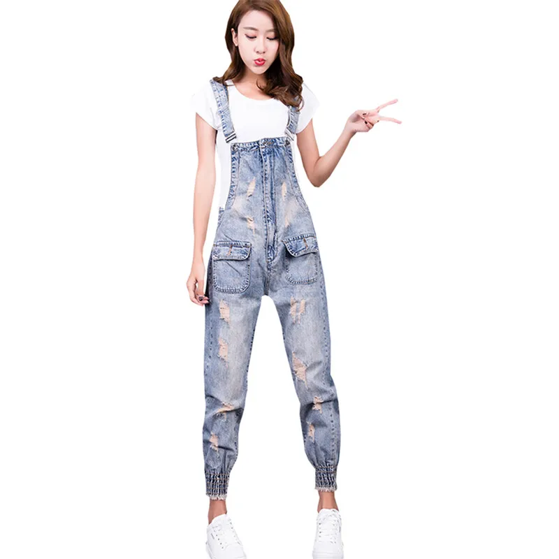 

Women Jumpsuit Denim Overalls Ripped Pockets Jumpsuit Jeans Full Length Female Womens Overalls Fashion Rompers Casual Elegant