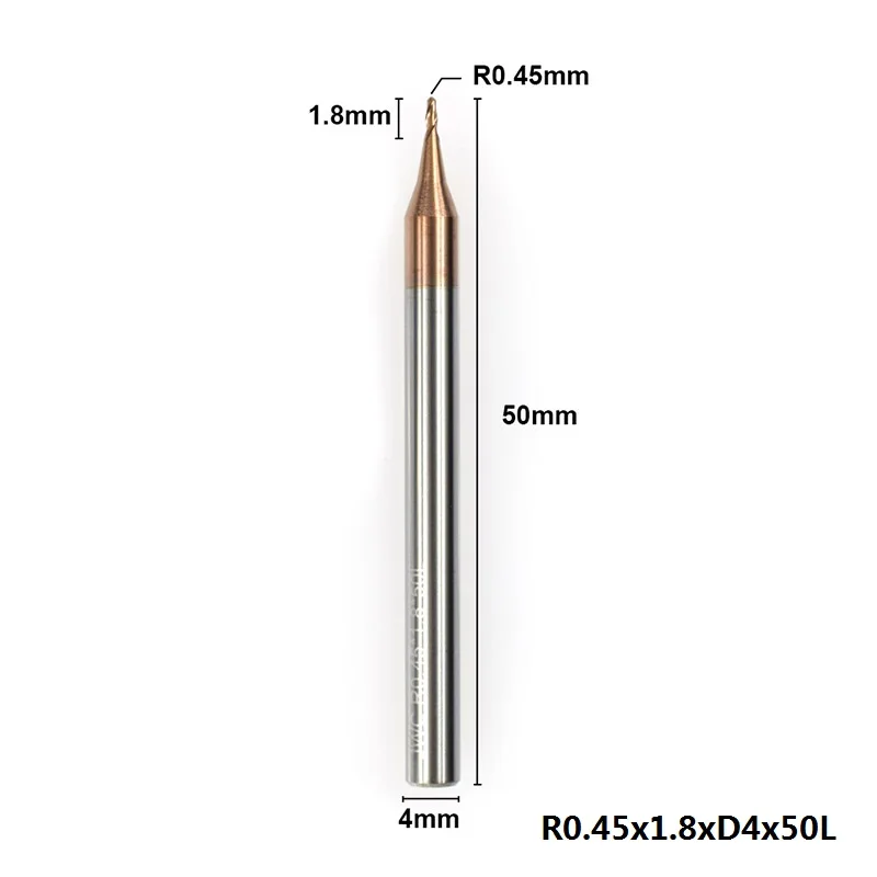 1 шт. 0,1-0,45 мм микро сферическая Концевая фреза 2 флейты Вольфрамовая сталь ЧПУ фреза с покрытием TiCN фреза - Длина режущей кромки: R0.45xD4x50L