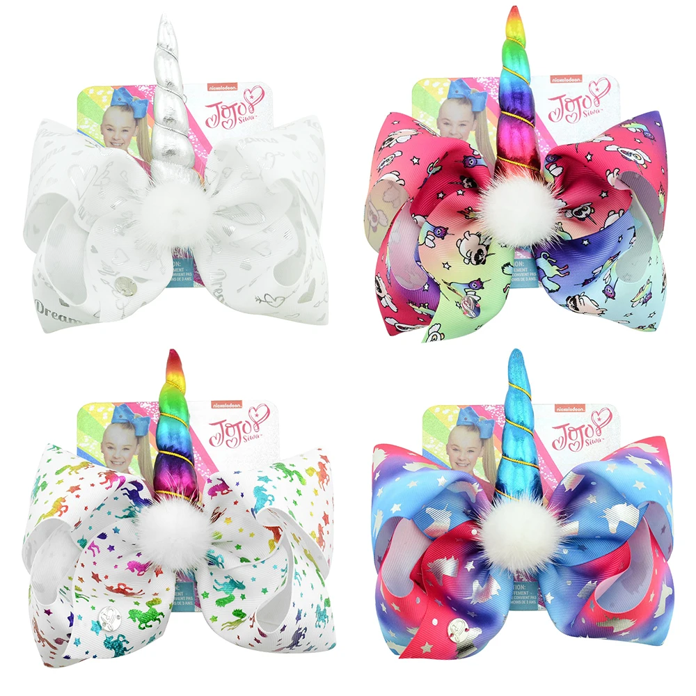 Hair Bow Hair Clip JOJO SIWA Unicorn 8/" White Pom pom Rainbow Cartoon Hair Grips