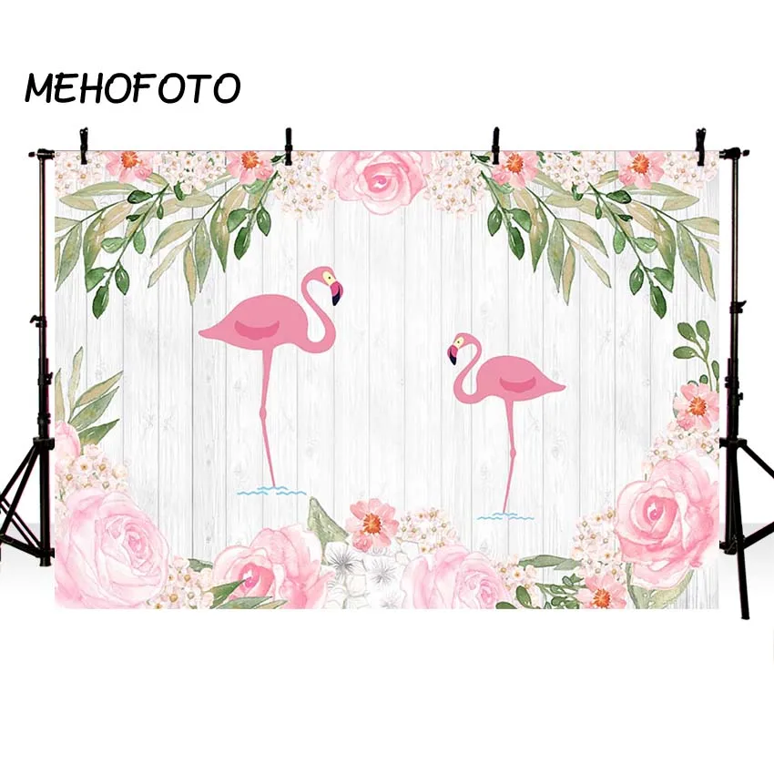 

MEHOFOTO Flamingos Birthday Backdrops White Wood Floor Background of Pink Floral Backdrop for Photography 7x5ft Party Banner