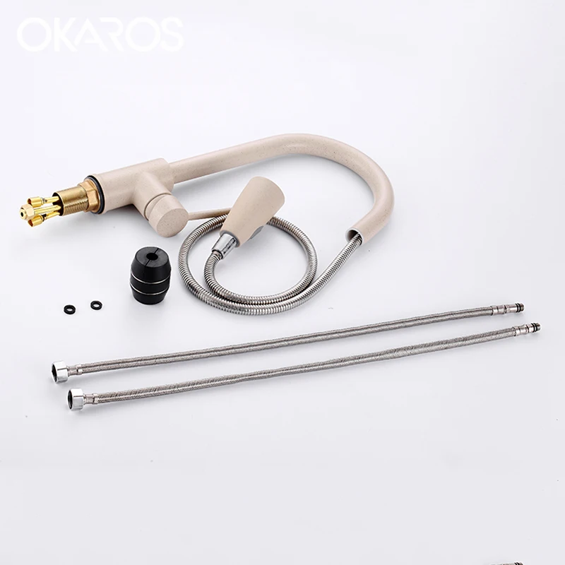  OKAROS Beige Kitchen Sink Faucet High Ack Pull Out Down Double Sprayer Way Hot Cold Water Tap Mixer - 32871274429