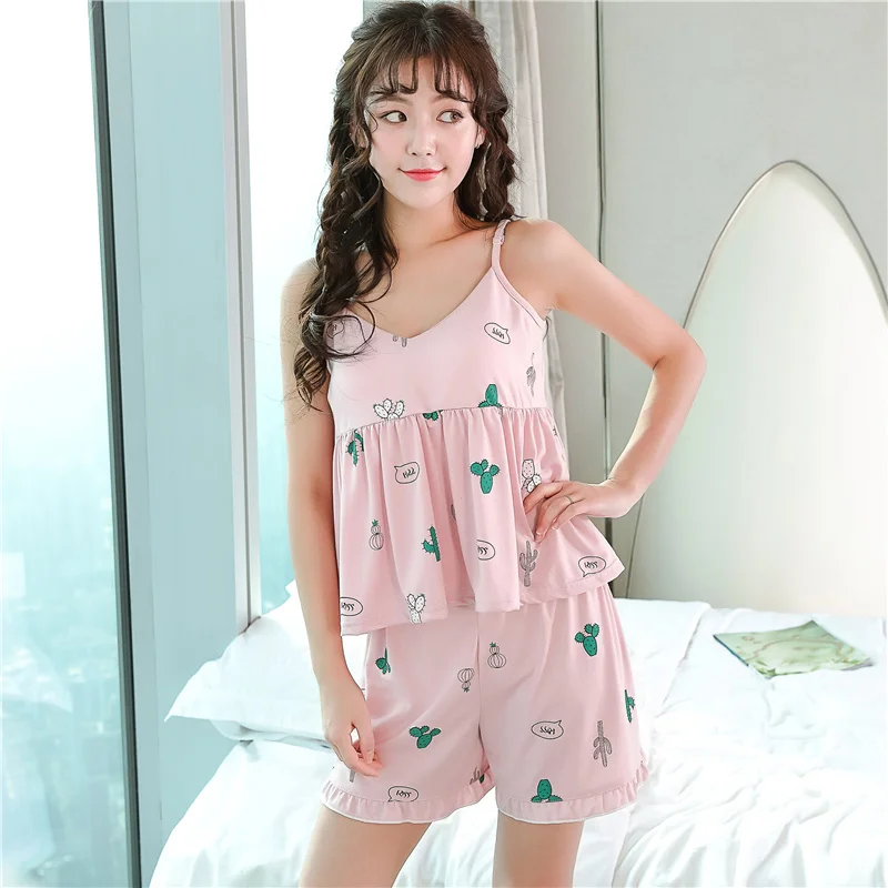 Cotton Women Summer Sling Sexy Pajamas Loose Nightwear Sweet Pajama Set Female Printing Cute Two