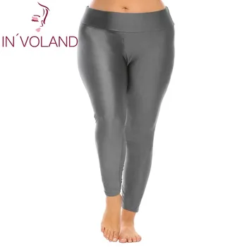 

IN'VOLAND Large Size Women Leggings XL-4XL Fold Over Waist Solid Large Ladies Stretch Fitness Elastic Trousers Pant Plus Size