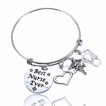 

12PC/Lot Best Nurse Ever Bangle Stainless Steel RN Caduceus Cap Stethoscope Charms Doctor Nurse Bracelet Medical Graduation Gift