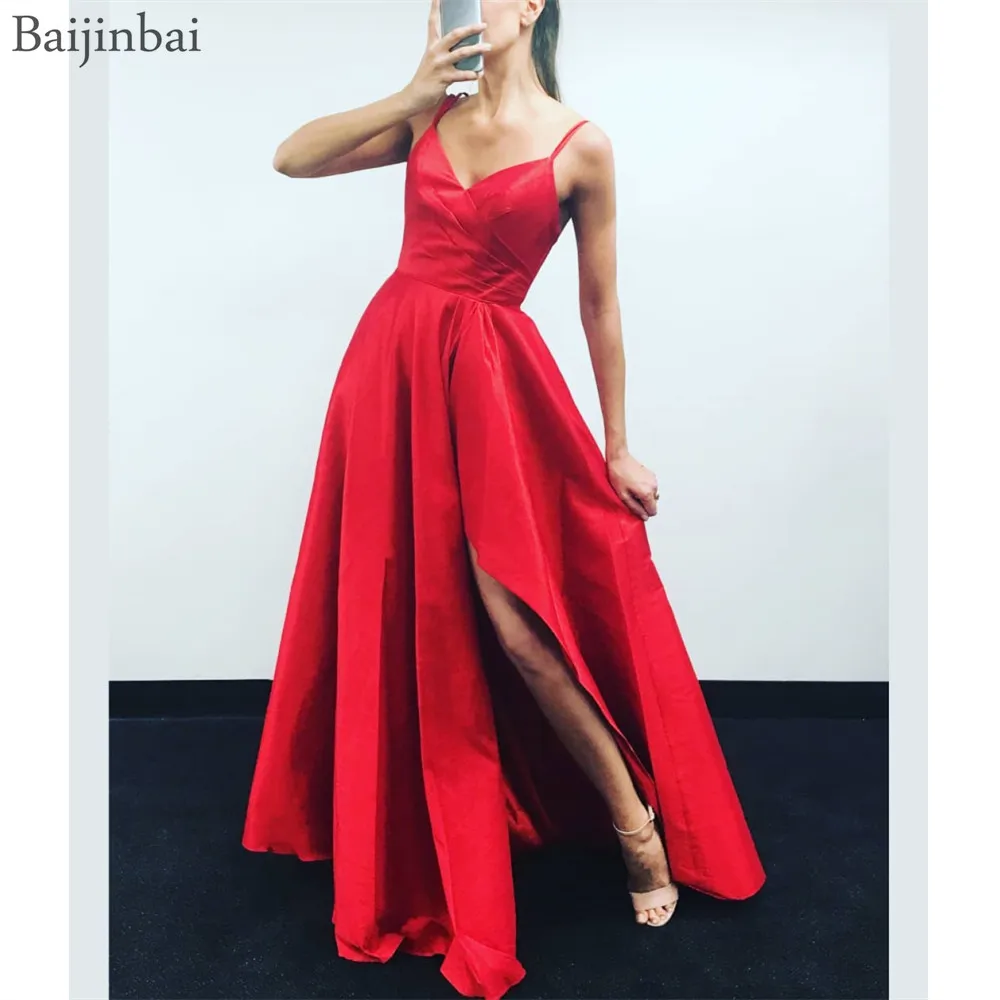 

Baijinbai Spaghetti Straps Evening Dress A-line Long Red Satin Floor Length Womens Prom Dresses 2019 Vestidos De Festa with Slit