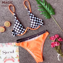 Купальник Танкини с высокой талией, женские купальники, новинка, оранжевые клетчатые бикини, набор, купальный костюм, бикини, Maillot de bain, бикини из двух частей