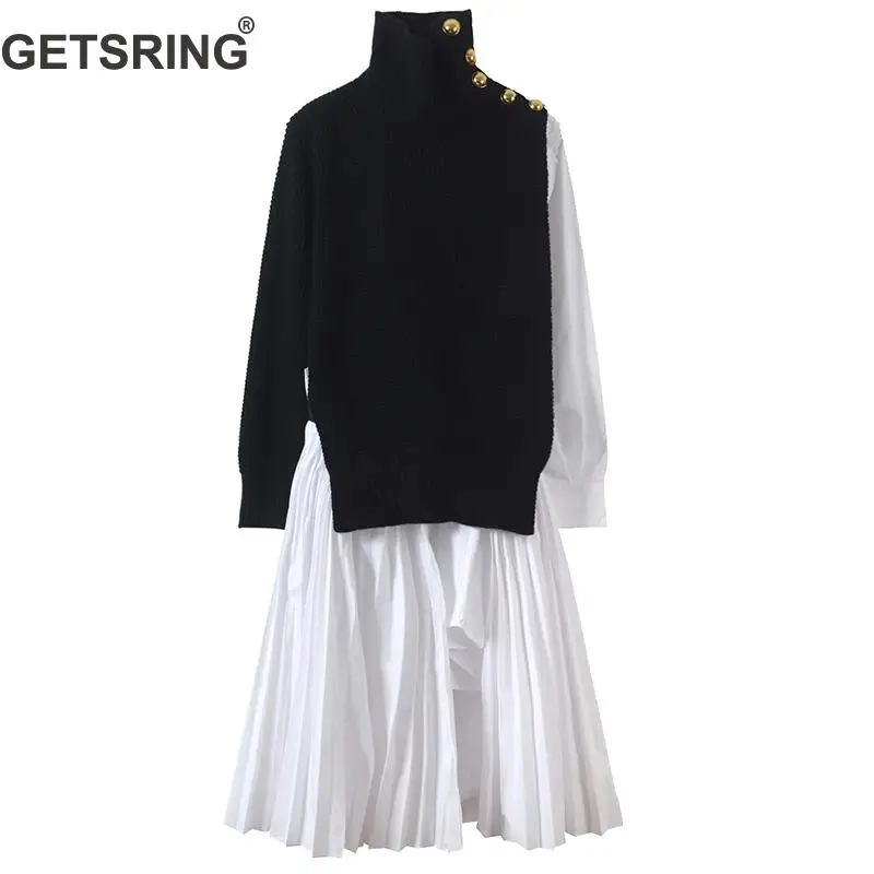 

GETSRING Women Dresses Turtleneck Black White Color Matching Pleated Dress Women Fashion Splice Asymmetry Vintage Dress 2018 New