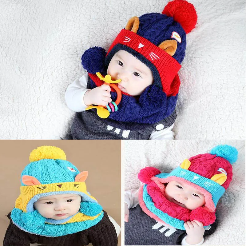 

2017 Cartoon kitten velvet wool kids boys Knitted fur hats winter 2 pcs baby girl scarf hat set Age for 12 months-4 Years Old