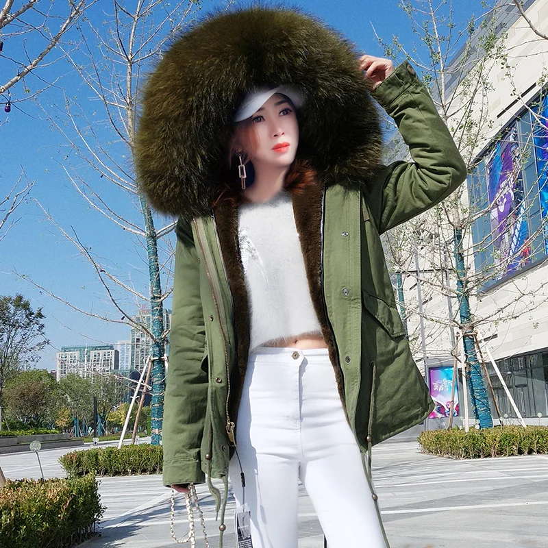 Real Raccoon Fur Collar winter fur coat Women camouflage black parkas& cotton faux fur lining coat jacket