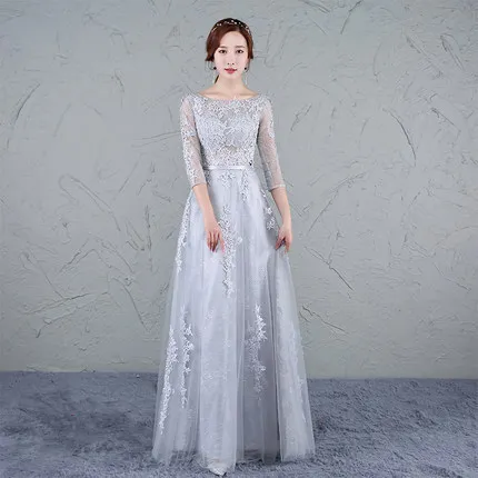 

2019 New Banquet Evening Dress Silver Grey Long Bride's Party Dress Illusion O-neck Half Sleeve Prom Dresses Robe De Mariage