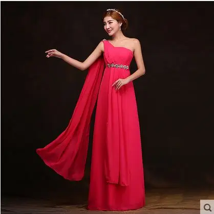 Свадебное платье для гостей шифоновый кристалл на одно плечо а линия ярко-синий пурпурный бирюзовый цвет шампанского платья для подружек невесты Длинные Дешевые - Цвет: rose Red