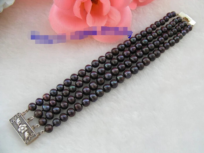 

fast shipping>stunning 4rows 8mm round black freshwater pearls bracelet g509