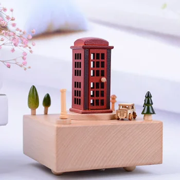 

Warm beautiful wood music box wooden crafts creative birthday gifts Telephone booth music box carousel home decoration ornaments