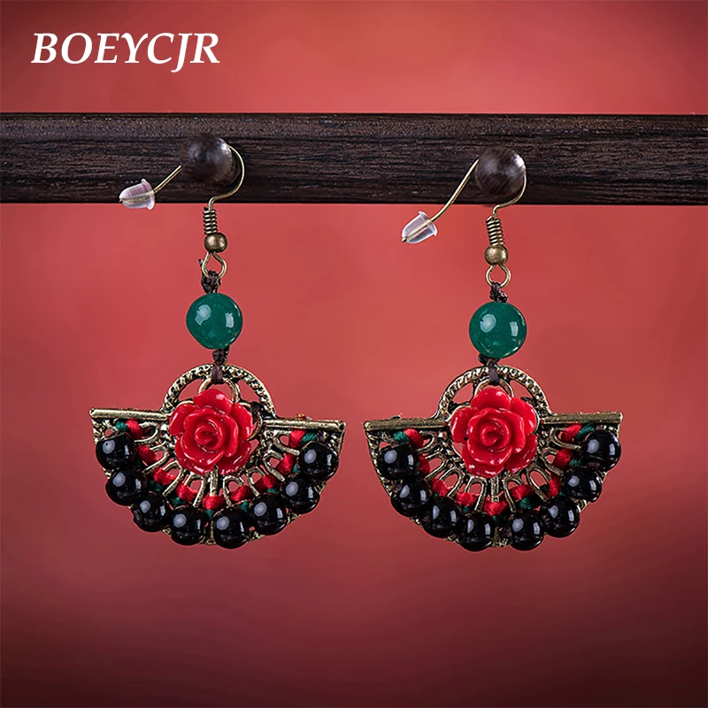 

BOEYCJR Ethnic Vintage Cinnabar Rose Glass Bead Copper Dangle Earrings Jewelry Elegant Drop Hook Earrings For Women Gift 2019