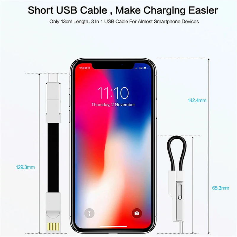 3 в 1 брелок USB кабель для зарядки Micro usb type C кабель для освещения для iPhone XS Android 2A Мини Брелок Зарядное устройство кабели для зарядки