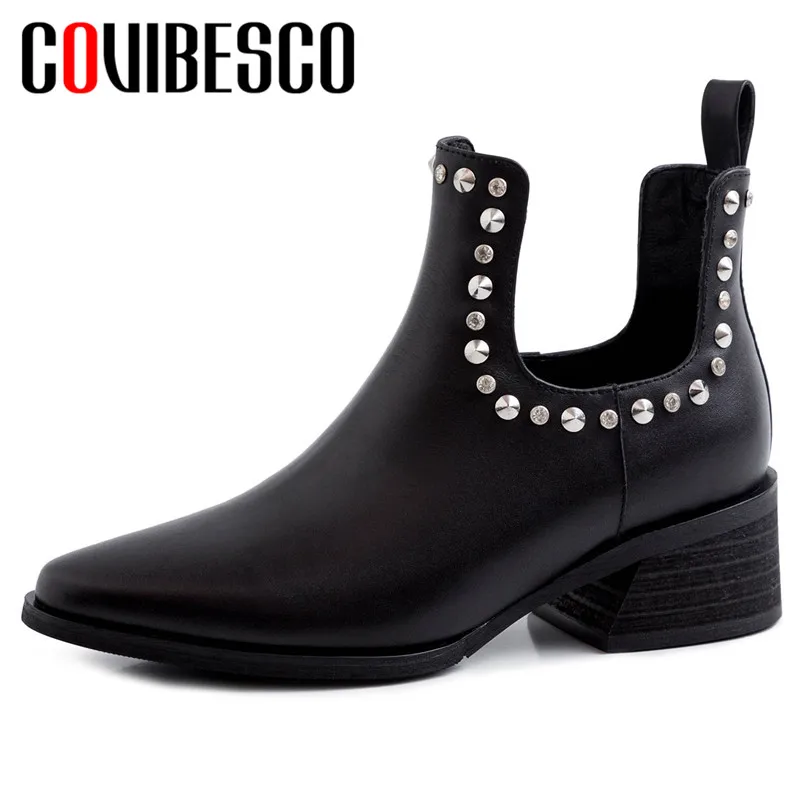 

COVIBESCO 2019 Fashion Genuine Leather Square Heels Women Ankle Boots Spring Autumn New Slip-on Solid Patent Leather Shoes Woman