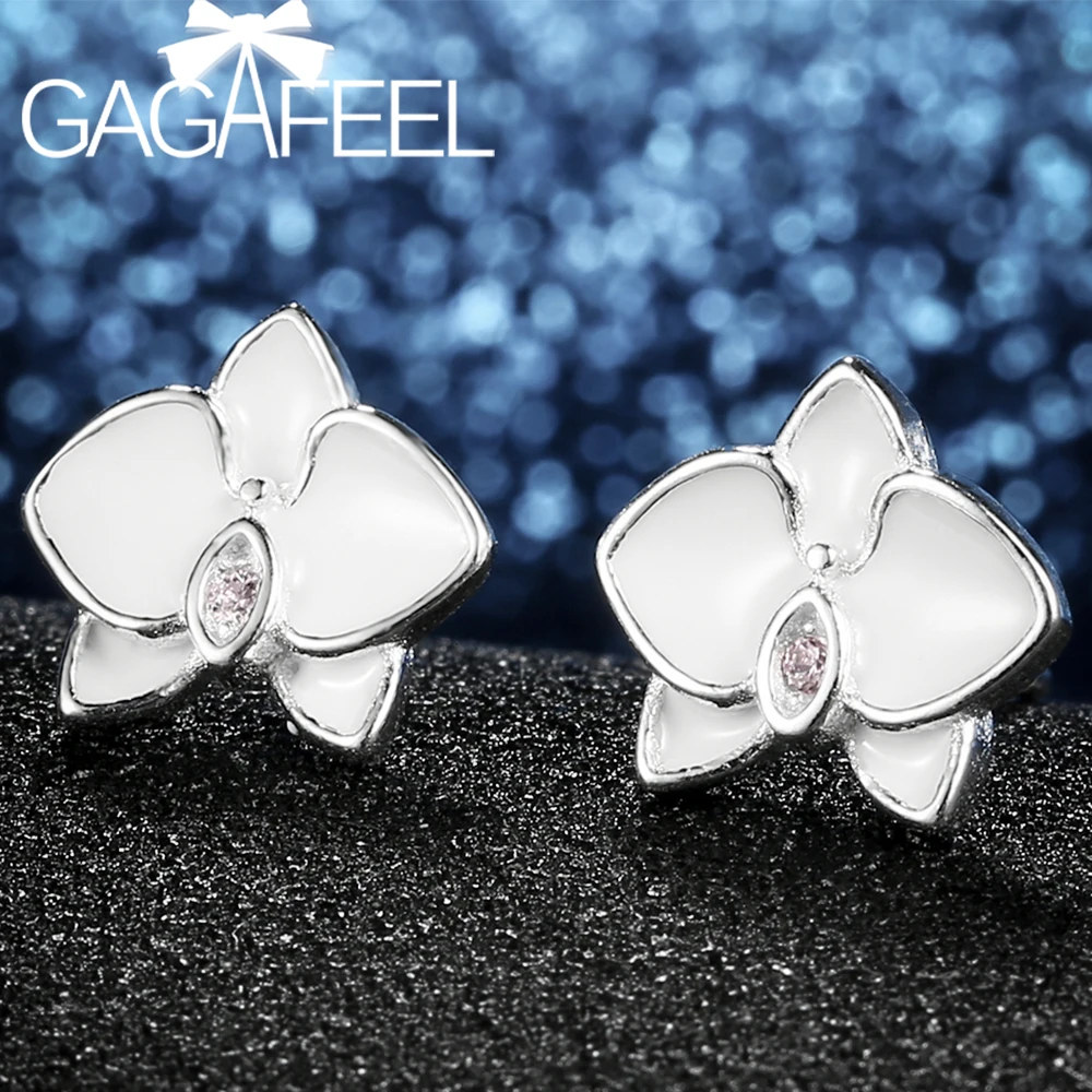 GAGAFEEL, 925 пробы, серебряные серьги-гвоздики с эмалью, Белая орхидея и Розовый CZ цветок, цветочные серьги для женщин, серебряные ювелирные изделия