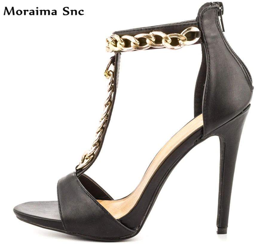 

Moraima Snc Newest sexy women Concise type sandals open toe Metal T-bar chain Decoration thin high heel Ankle strap