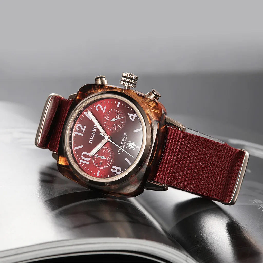 

YOLAKO Luxury Brand Men Watch Temperament Square Dial Canvas Band Pin Buckle Mens Clock Analog Quartz Watches reloj hombre