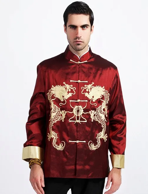 Burgundy Traditional Chinese Men's Kung Fu Embroider Dragon Jacket Coat