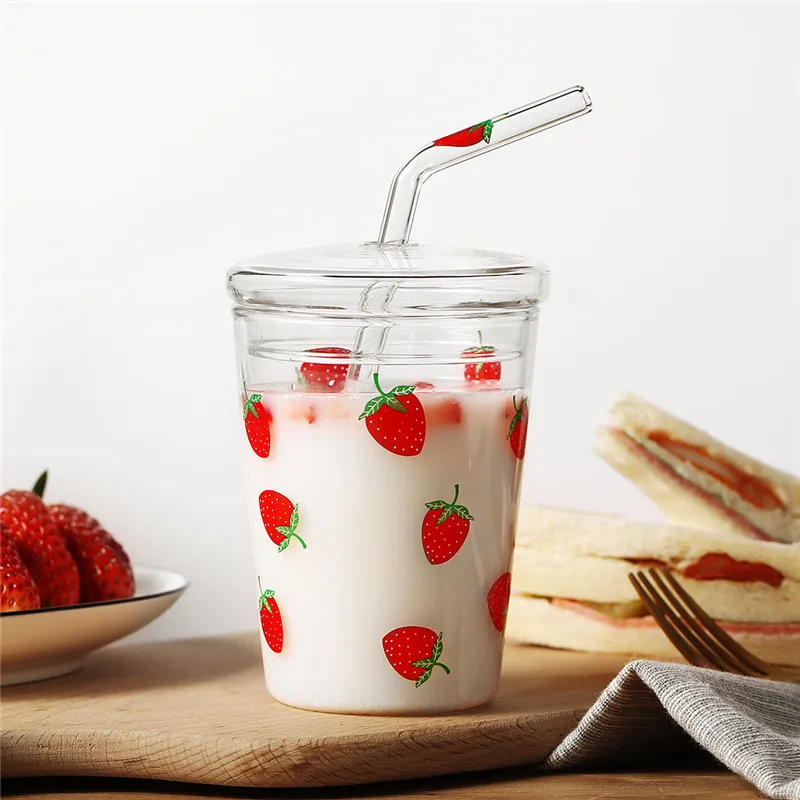 

370ml Glass Cup Creative Strawberry Glass Coffee Tea Drinks Breakfast Milk Cup Kitchenware Glass Mugs Water Juice Drinkware