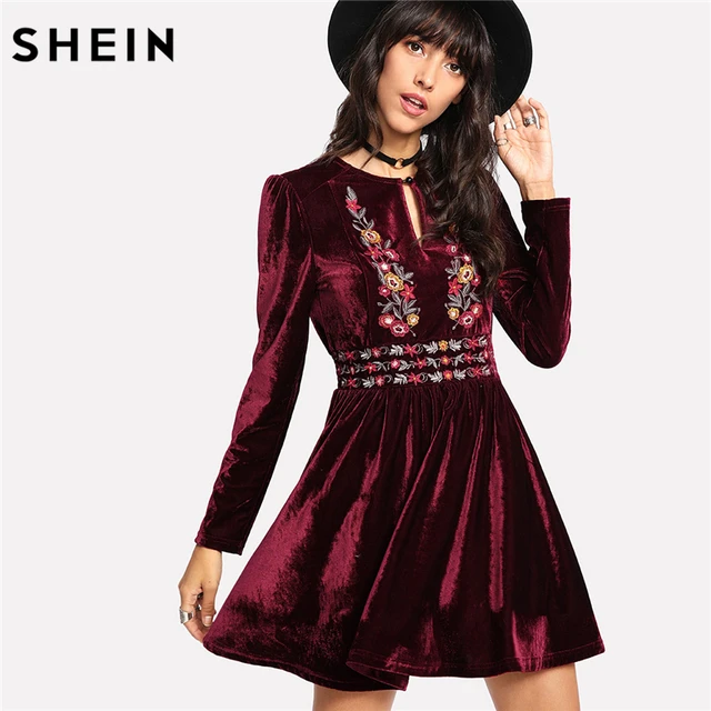 SHEIN Velvet Dress Maroon Long Sleeve High Waist Casual A Line Dress Buttoned Keyhole Front Embroidered