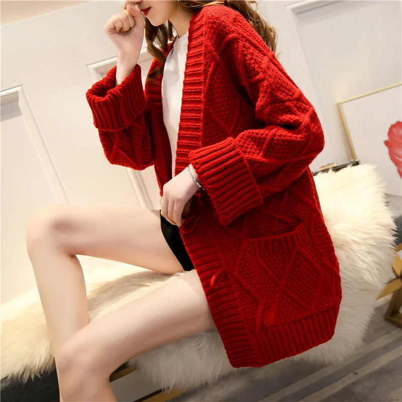 4 цвета длинный свитер с петельками кардиган пальто женский 2019 Весна новая Корейская версия ленивый толстый карман свитер размер