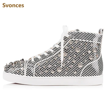 

Casual Man Sneaker High Top Lace-up Comfortable Shoes Man Rivets Spikes Striped Designer Men Boots Flat Platform Ankle Boots Man