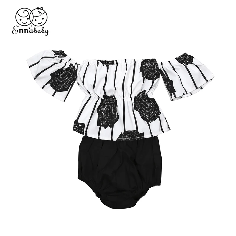 Малышей Прекрасный для маленьких девочек в полоску с цветочным принтом топы с открытыми плечами футболки шорты брюки Летняя одежда