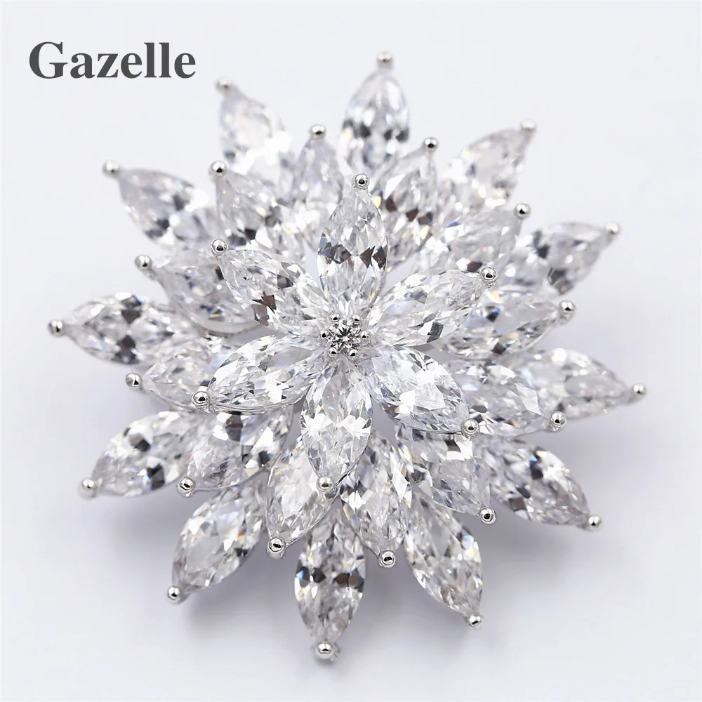 

High Quality Sparkly Plated Clear AAA+ Cubic Zircon Beauty Flower Brooch Inlay beads Silver-Color Fashion Brooch Free Shipping