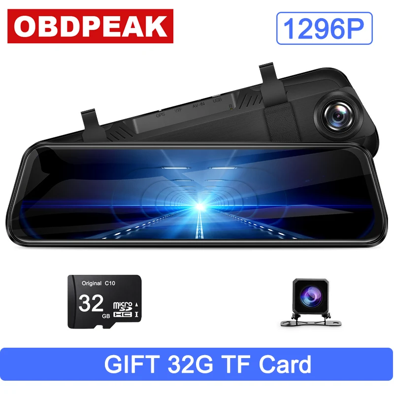 

OBDPEAK Car DVR 10 inch Touch screen Rear View Mirror Dash cam Full HD Car Camera 1080P Back Camera Dual lens video Recorder