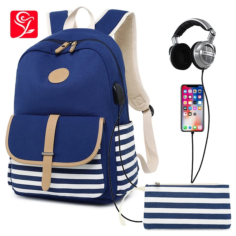 

2pcs/Set Large Women Backpacks Female School Bag For Teenage Girls Blue Canvas Women Backpack USB Charge Shoulder Bag Rucksack